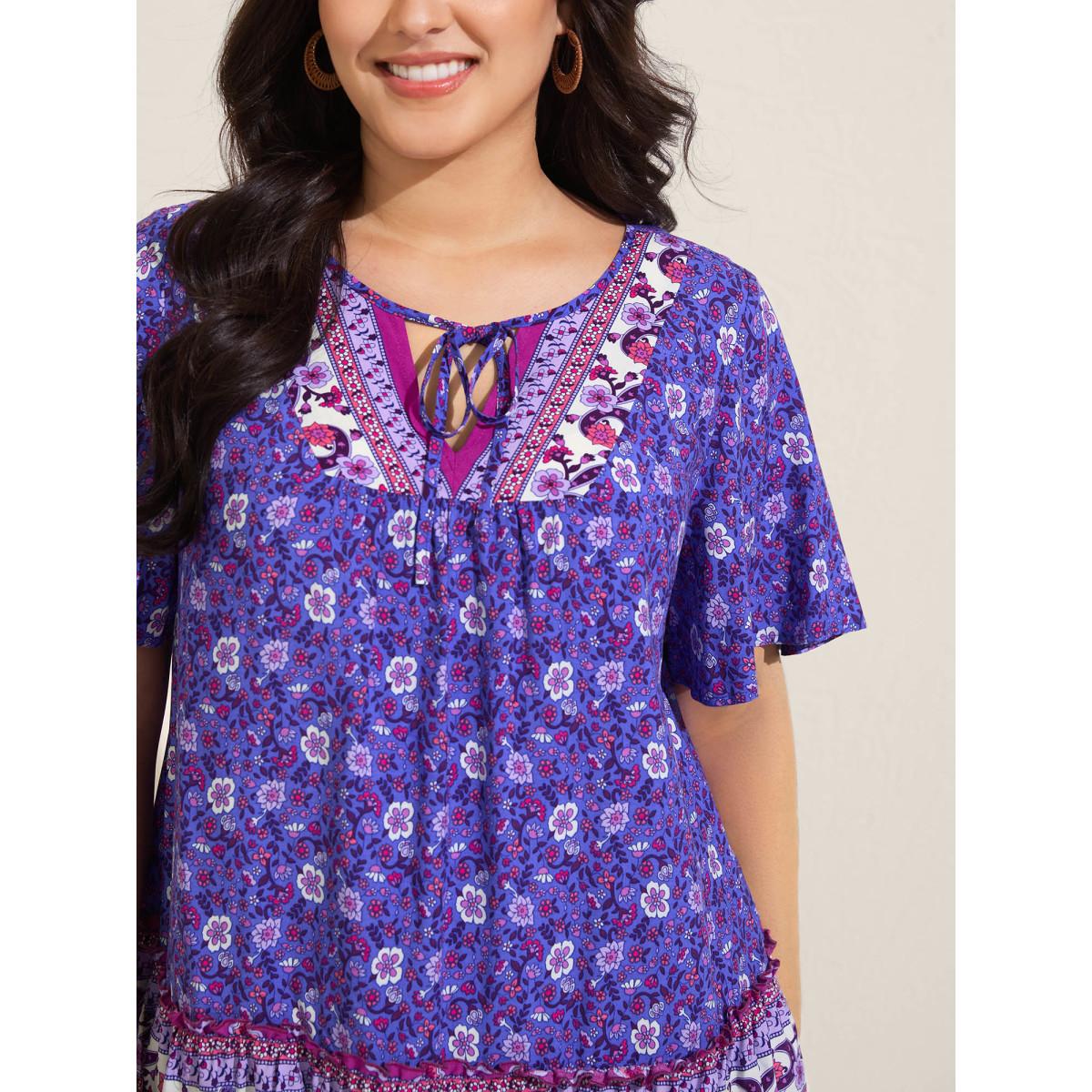 Plus Size BlueViolet Boho Floral Print Neck Tie Blouse Women Boho Short sleeve Notched collar Vacation Blouses BloomChic 14-16/1X Product Image