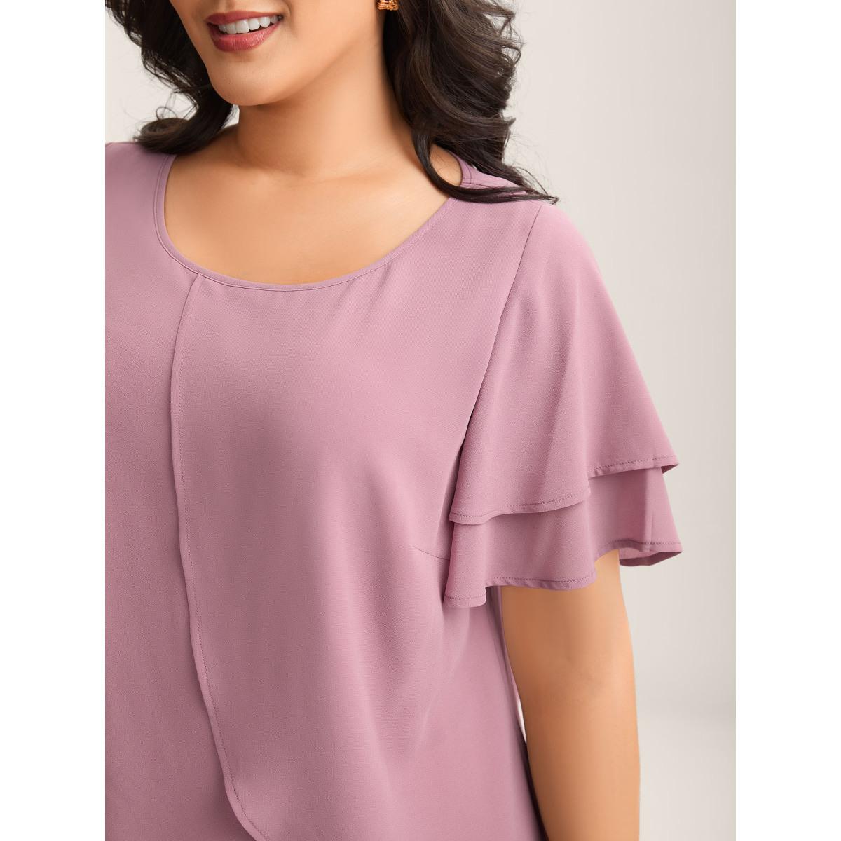 Plus Size DustyPink Chiffon Layered Flowy Solid Blouse Women Short sleeve Round Neck Everyday-Elegant Blouses BloomChic 28/5X Product Image