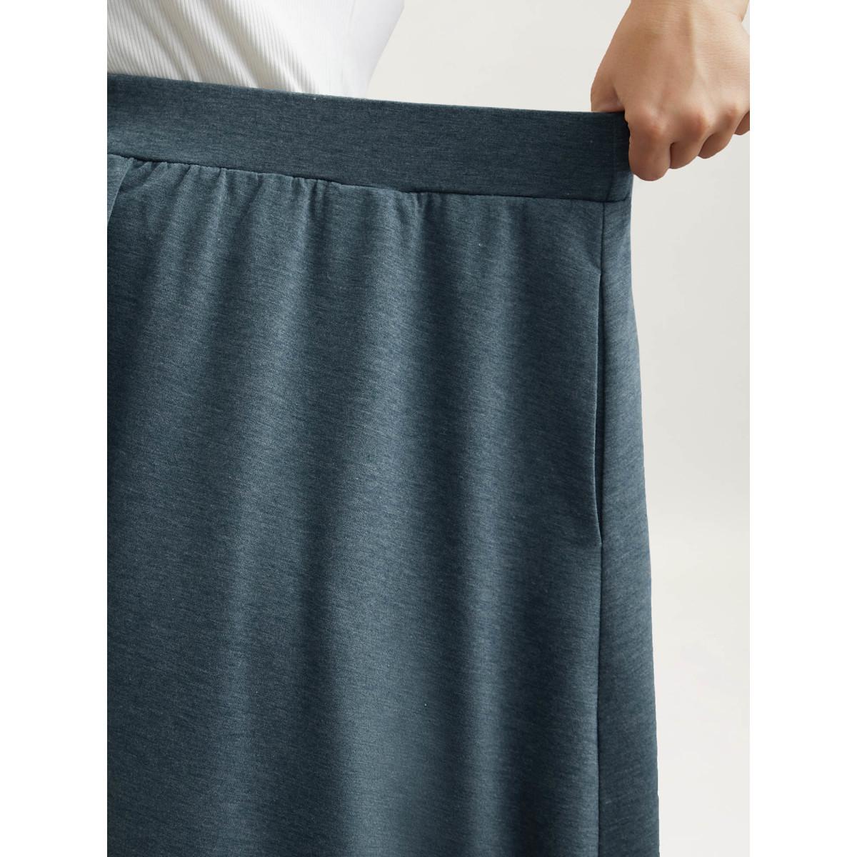 Plus Size Heather Stretchy-Waist Pleated Midi Skirt Women DarkSlateGray Elegant Gathered Medium stretch Slanted pocket Everyday Skirts BloomChic 18-20/2X Product Image