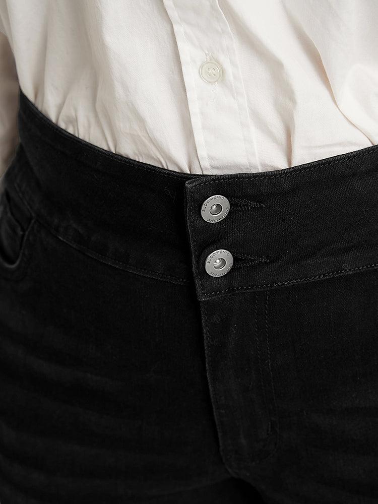 Skinny Slightly Stretchy High Rise Black Wash Double Button Jeans Female Product Image
