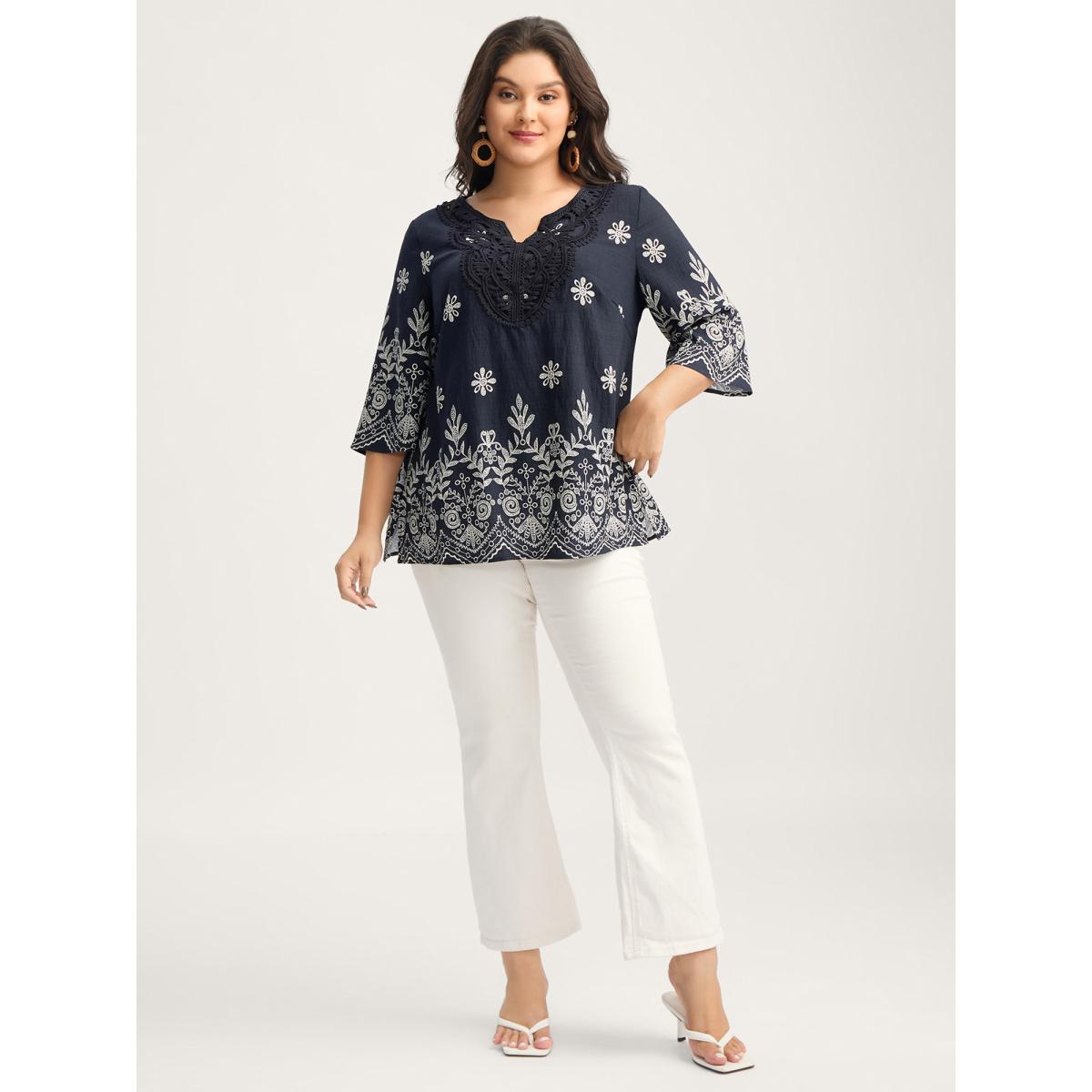 Plus Size Indigo Boho Print Lace Neck Blouse Women Boho Elbow-length sleeve Notched collar Vacation Blouses BloomChic 26/4X Product Image