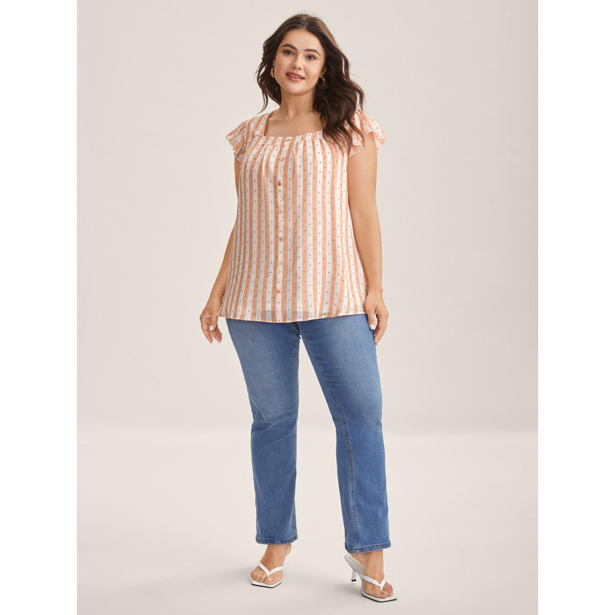 Plus Size Salmon Textured Stripe Print Flutter Sleeve Blouse Women Cap Sleeve Square Neck Everyday-Elegant Blouses BloomChic 26/4X Product Image
