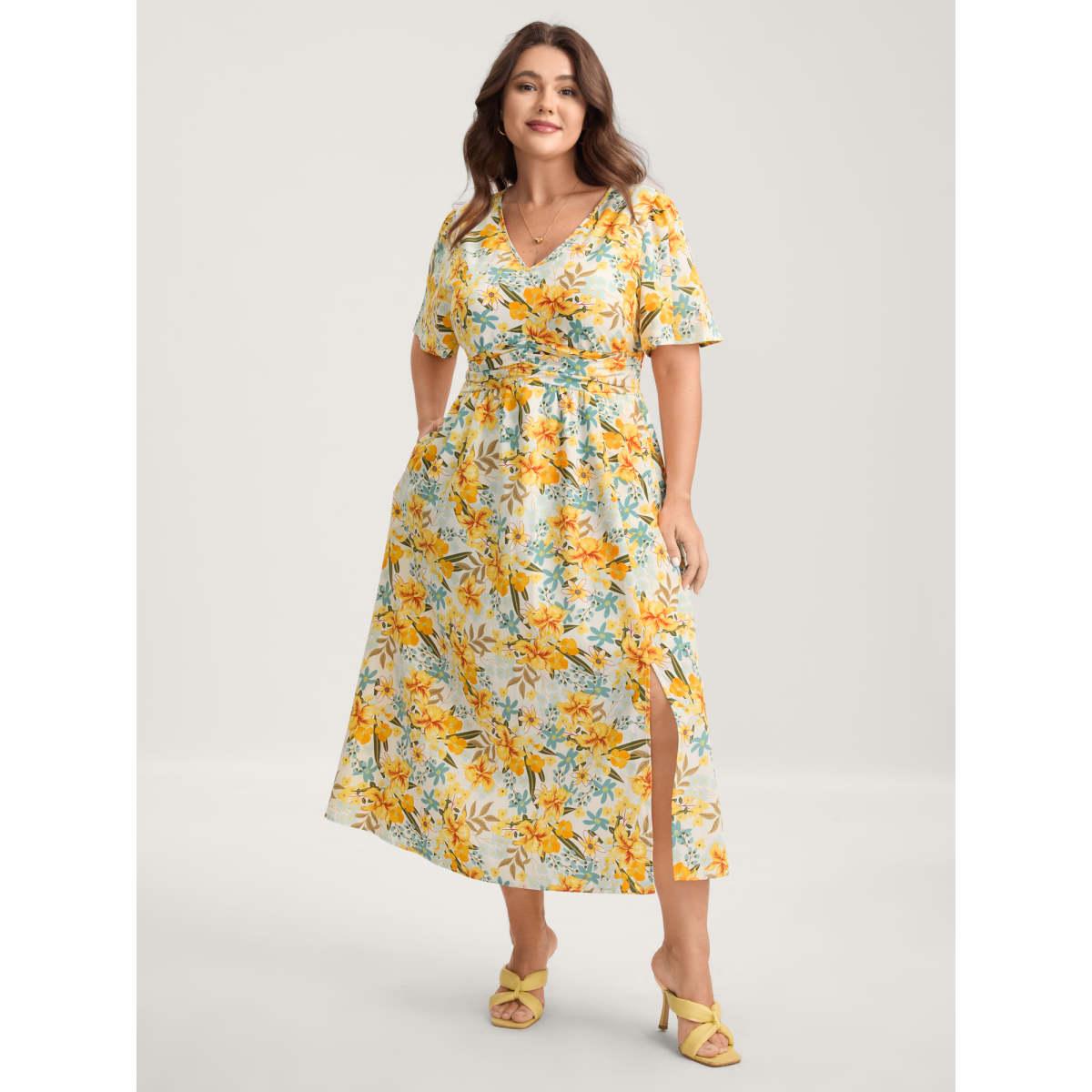 Plus Size Sunkissed Floral Shirred Waist Midi Dress Lemonyellow Women V-neck Short sleeve Curvy BloomChic 10/M Product Image