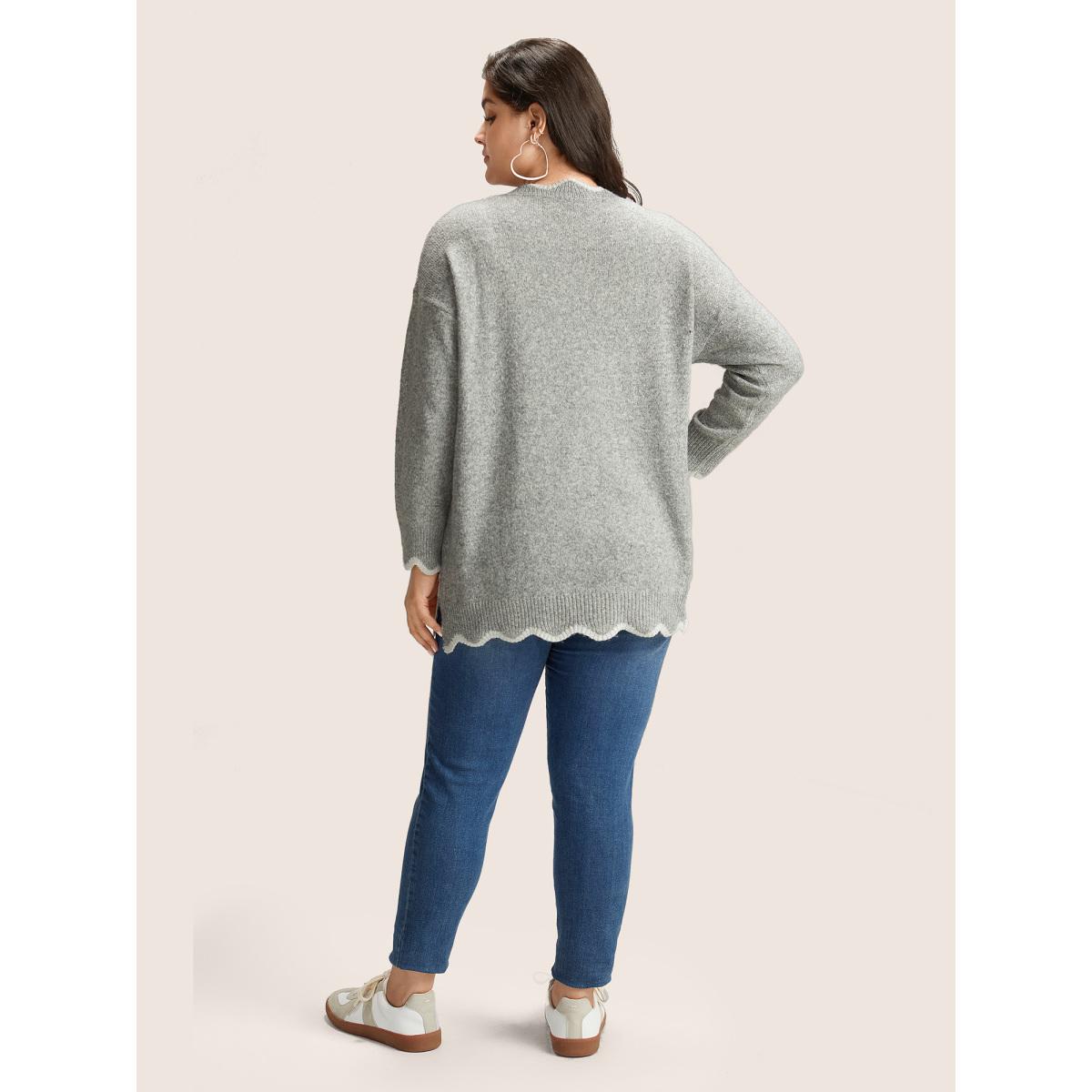 Plus Size Contrast Split Side Scalloped Trim Pullover Silver Women Casual Long Sleeve V-neck Everyday Pullovers BloomChic 30/6X Product Image