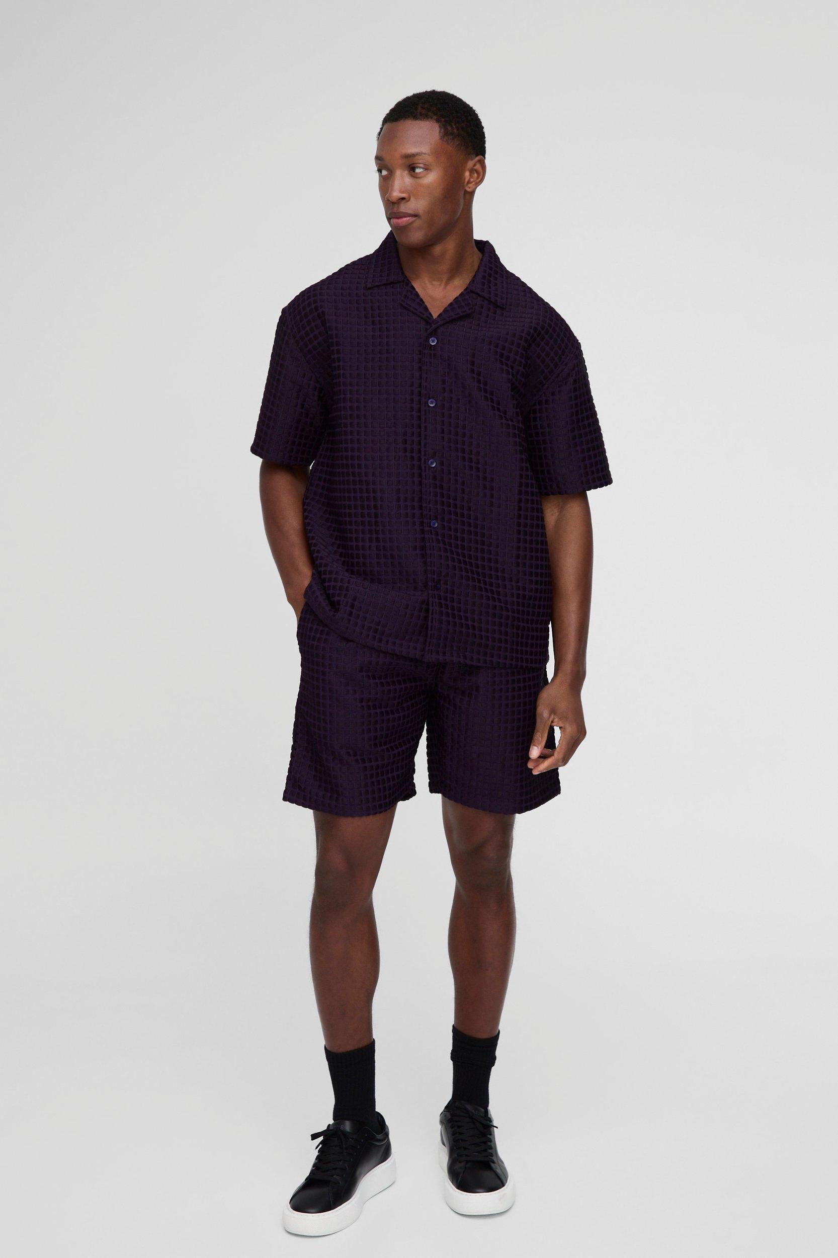 Oversized Waffle Texture Revere Shirt & Relaxed Short Set | boohooMAN USA Product Image