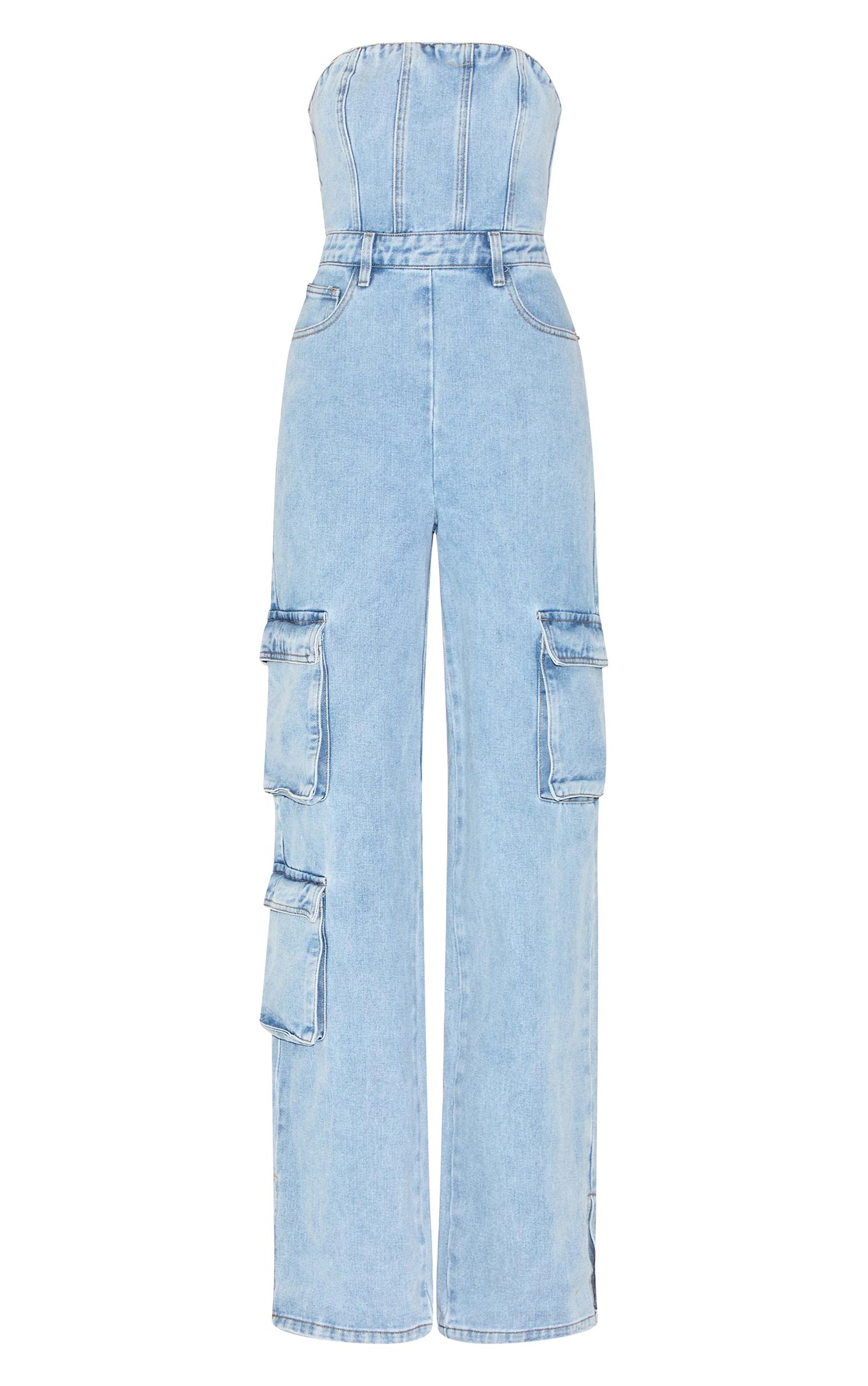 Light Blue Wash Cargo Pocket Bandeau Denim Jumpsuit Product Image