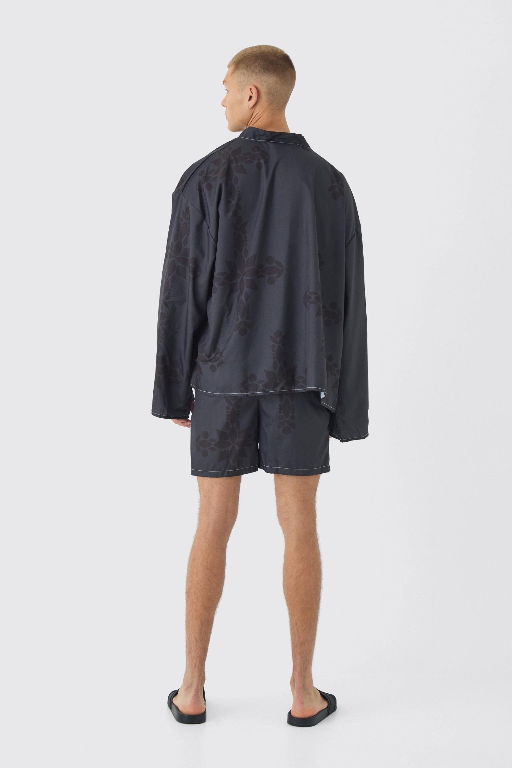 Gothic Print Kimono Shirt & Swim Trunks Set | boohooMAN USA Product Image