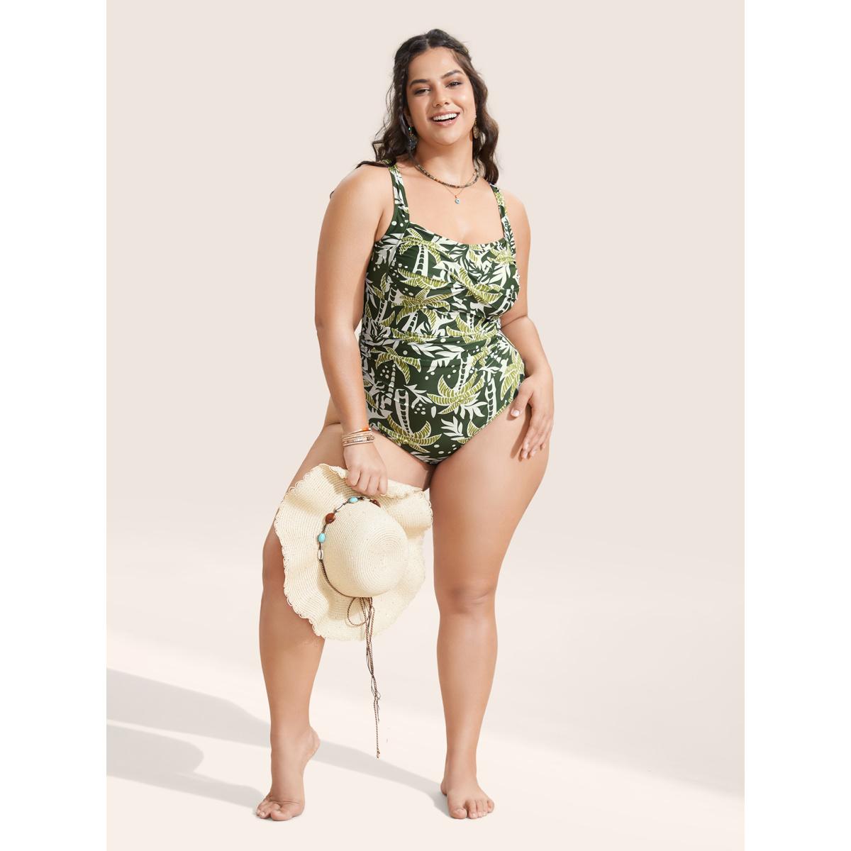 Plus Size Heart Neckline Tropical Print Crossover One Piece Swimsuit Women's Swimwear ArmyGreen Beach Twist Curve Bathing Suits High stretch One Pieces BloomChic 30/6X Product Image
