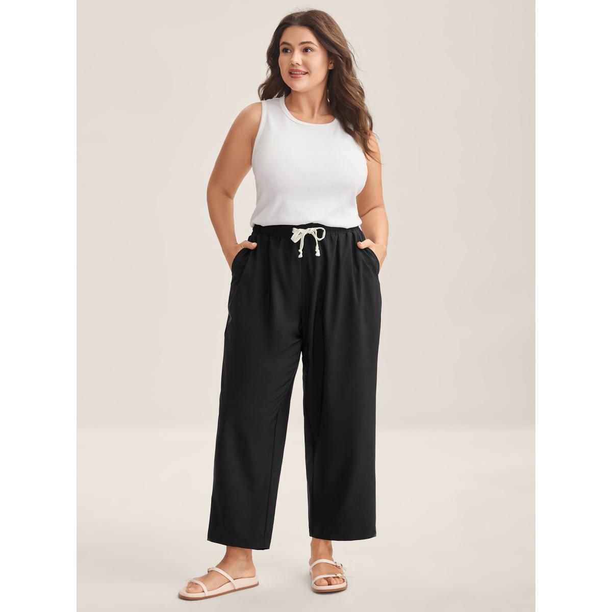 Plus Size Quick-Dry Waist Drawstring Straight-Leg Pants Women Black Leisure Straight Leg Mid Rise Casual Pants BloomChic 18-20/2X Product Image