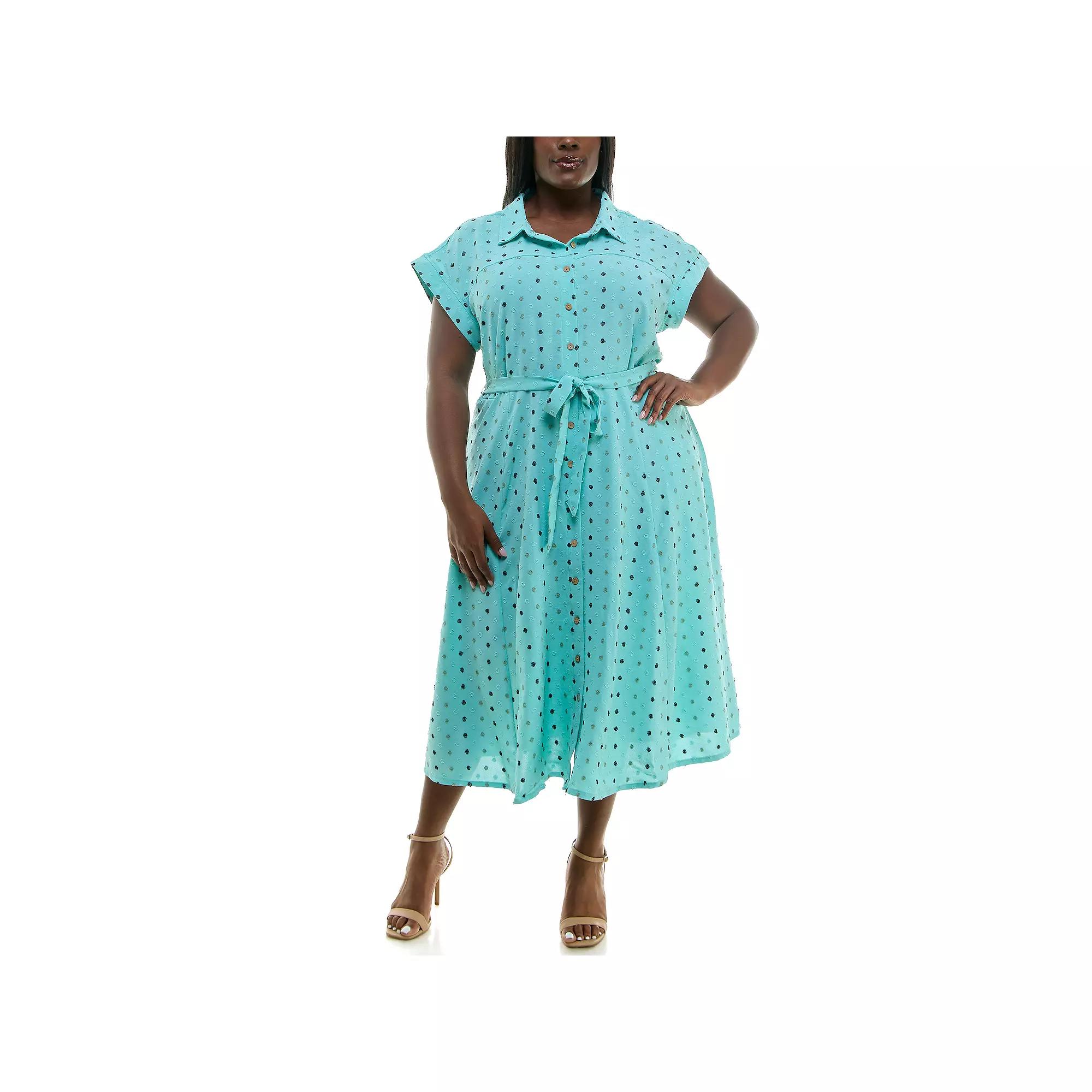 Plus Size Nina Leonard Swiss Dot Print Collared Short Sleeve Midi Shirt Dress, Women's, Size: 2XL, Robins Egg Team Product Image