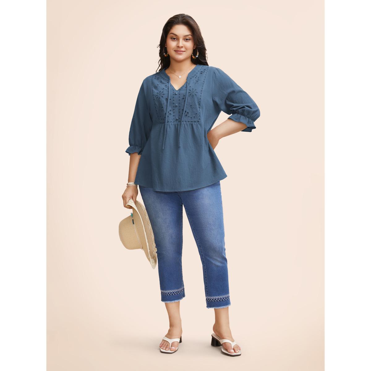 Plus Size Aegean Broderie Anglaise Tie Knot Lantern Sleeve Blouse Women Boho Elbow-length sleeve Notched collar Vacation Blouses BloomChic 18-20/2X Product Image