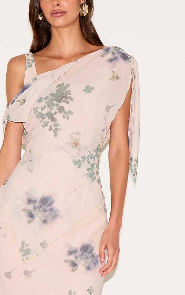 Sand Abstract Printed Chiffon Draped Maxi Dress Product Image