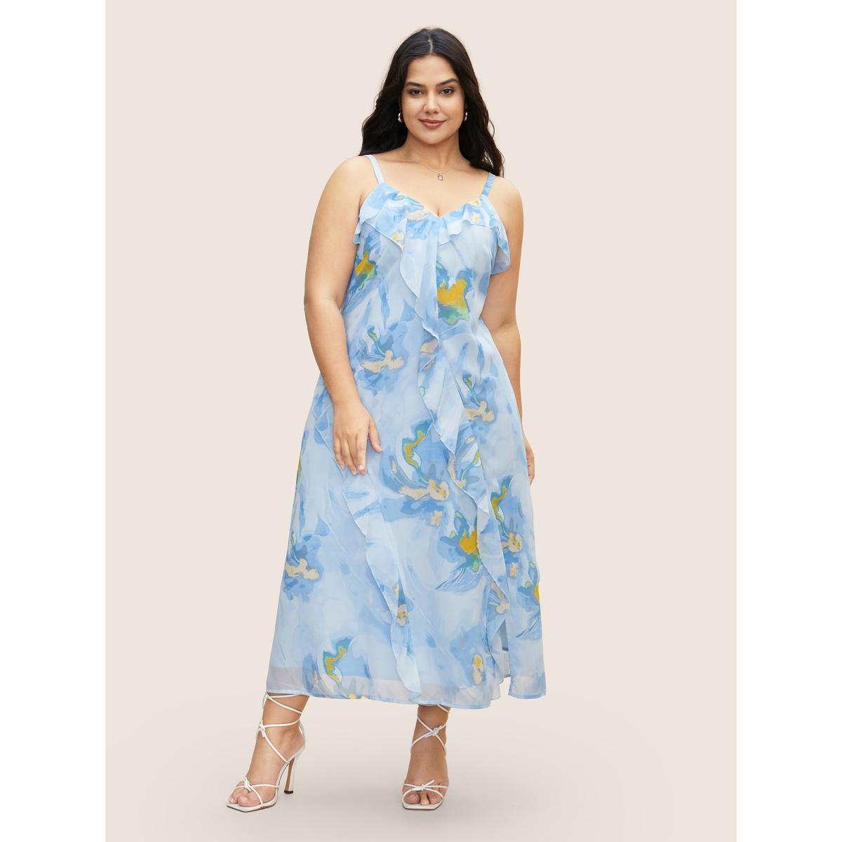 Plus Size Watercolor Floral Ruffle Trim Slit Hem Dress LightBlue Women Elegant Slit Non Sleeveless Curvy BloomChic 12/L Product Image