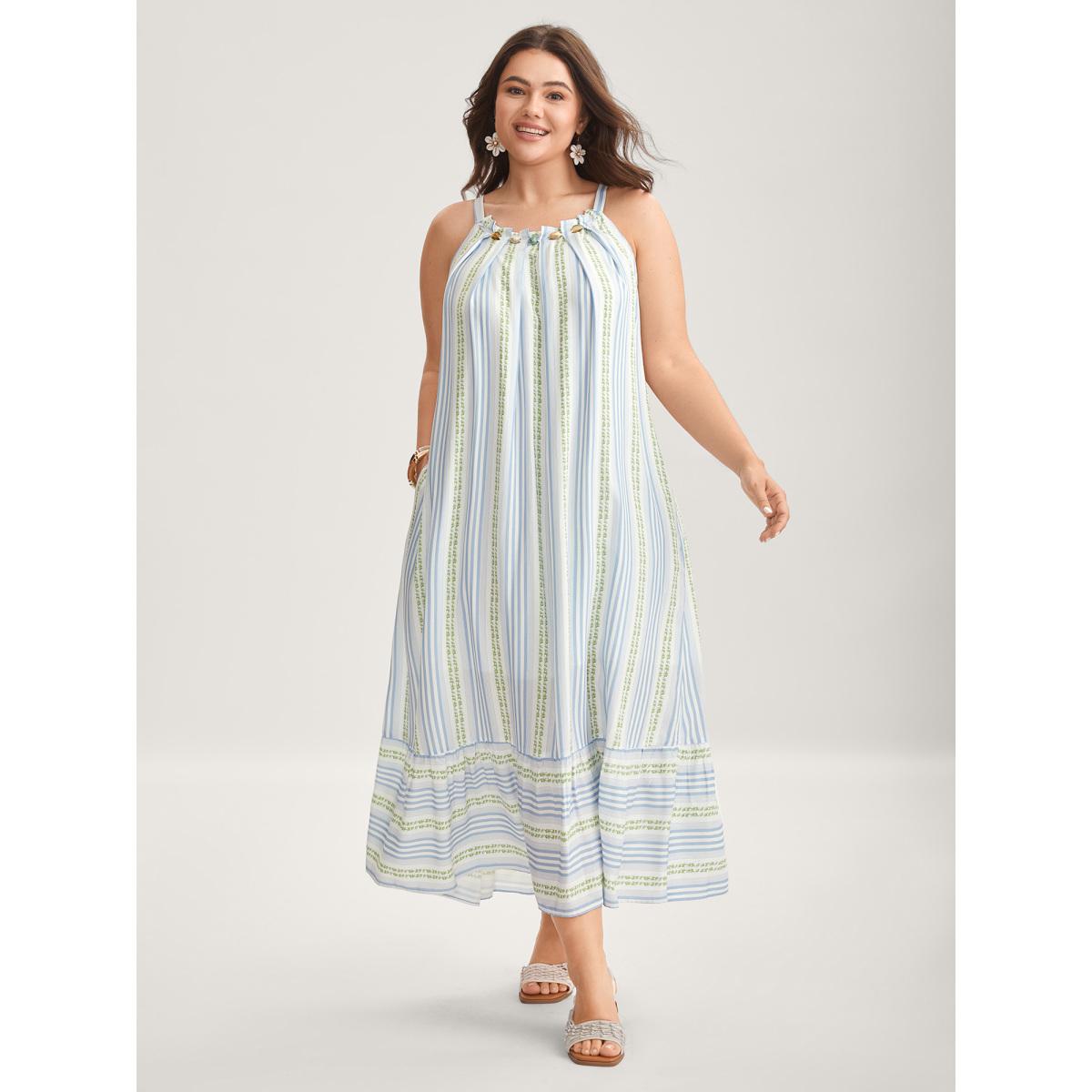 Plus Size Nautical Stripes Flared Midi Dress LightBlue Women Round Neck Sleeveless Curvy BloomChic 22-24/3X Product Image
