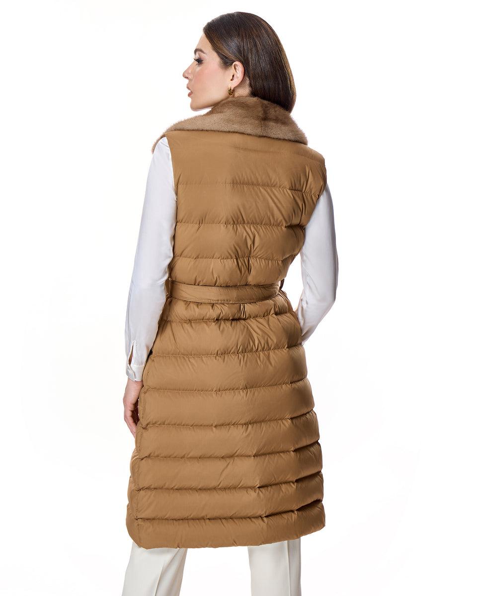 Belted Polyester Vest with Natural Mink Collar Product Image