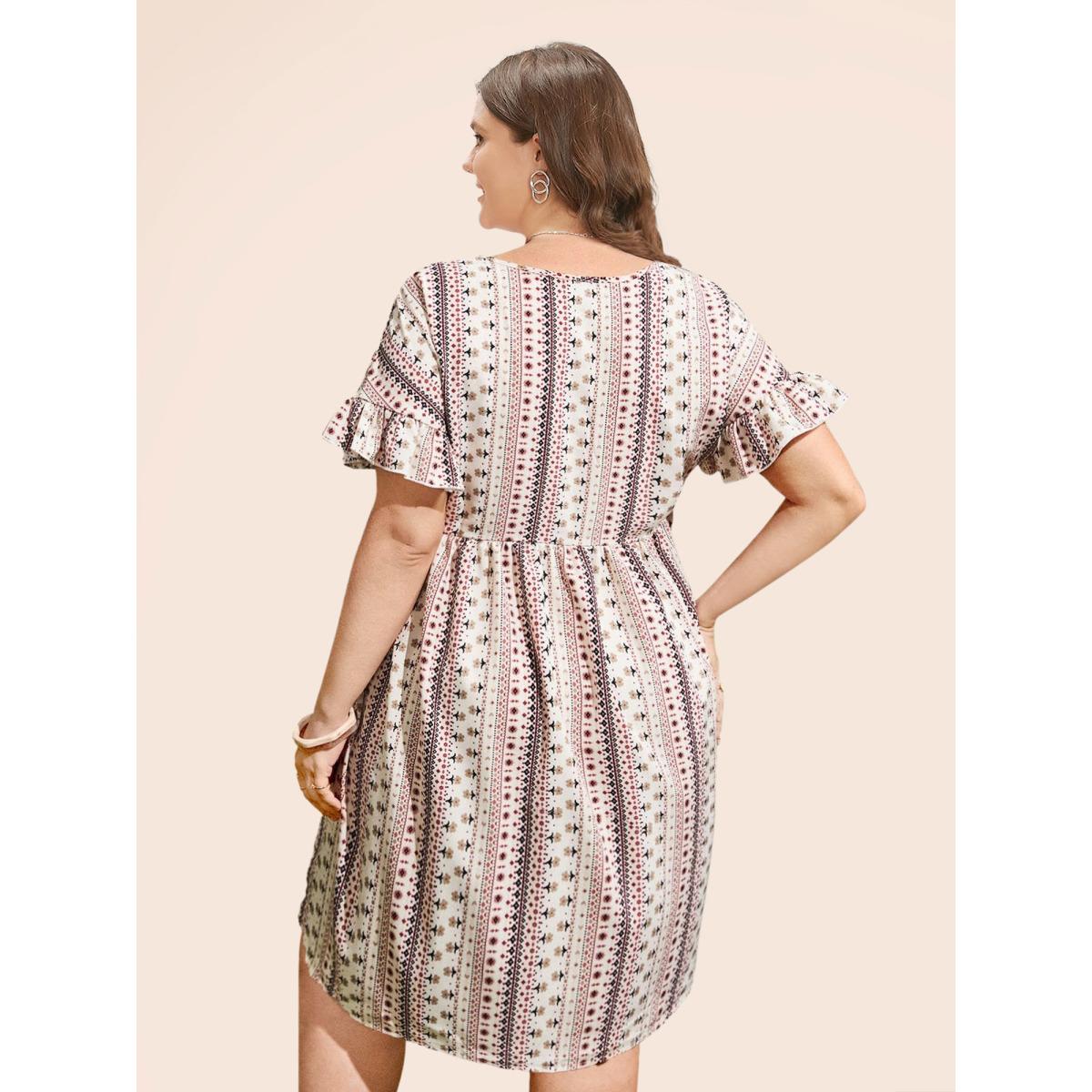Plus Size Bandana Print Pocket V Neck Ruffle Sleeve Dress Beige Women Vacation Printed V-neck Short sleeve Curvy Midi Dress BloomChic 18-20/2X Product Image