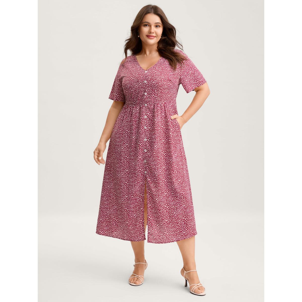 Plus Size Polka Dots Button Front Midi Dress Crimson Women Timeless Button V-neck Short sleeve Curvy BloomChic 26/4X Product Image