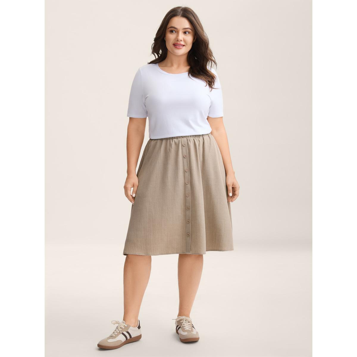 Plus Size Button Detail Textured A-Line Midi Skirt Women LightBrown Loose No stretch Side seam pocket Everyday-Casual Skirts BloomChic 28/5X Product Image