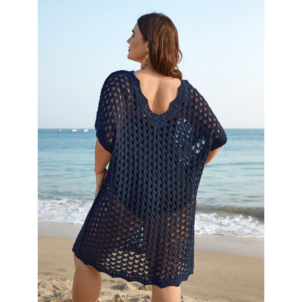 Plus Size V Neck Cut-Out Plain Textured Swim Cover Up Women's Swimwear Indigo Beach Loose Texture Curve Swim Cover Ups BloomChic 12/L Product Image