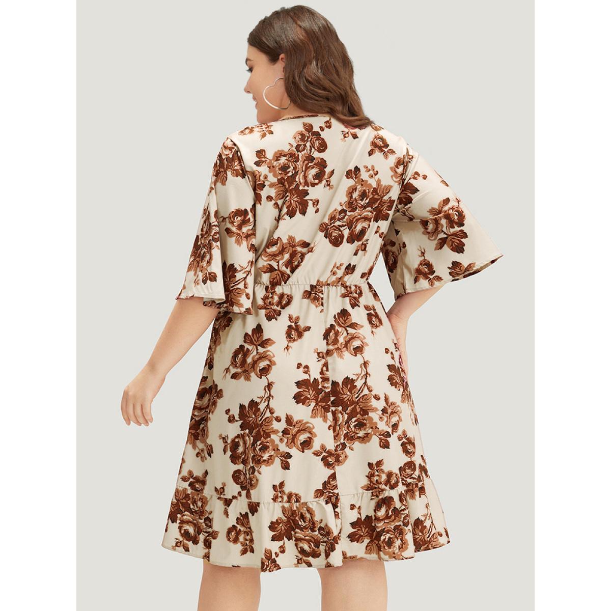 Plus Size Floral Print Pocket Flounce Sleeve Ruffle Dress Russet Women Elegant Printed V-neck Half Sleeve Curvy Midi Dress BloomChic 14-16/1X Product Image