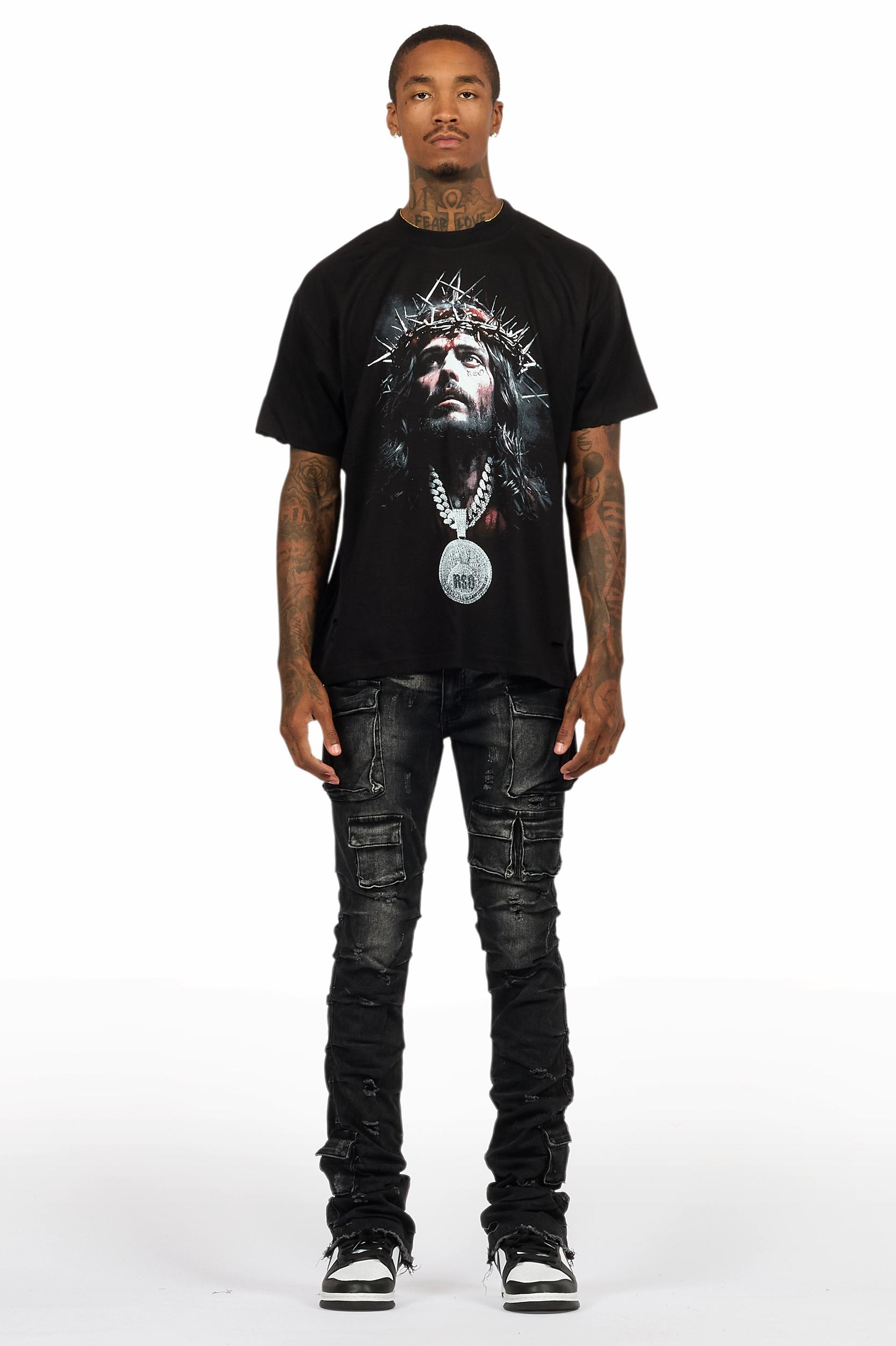 Amina Black Washed T-Shirt Stacked Flare Jean Set Male Product Image