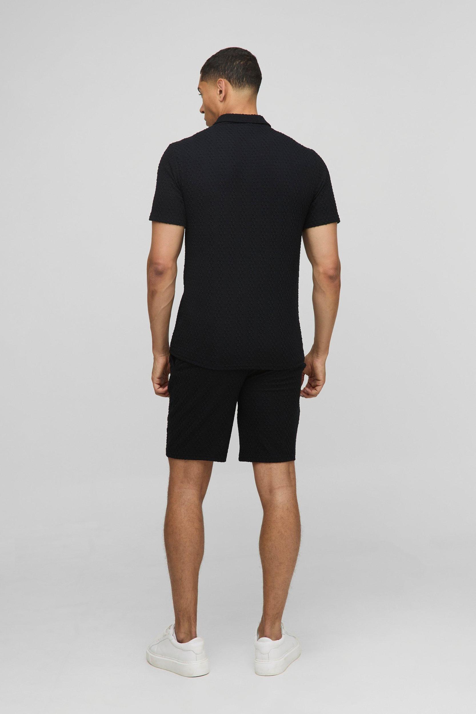 Slim Textured Zip Neck Embroidered Polo & Slim Shorts Set | boohooMAN USA Product Image