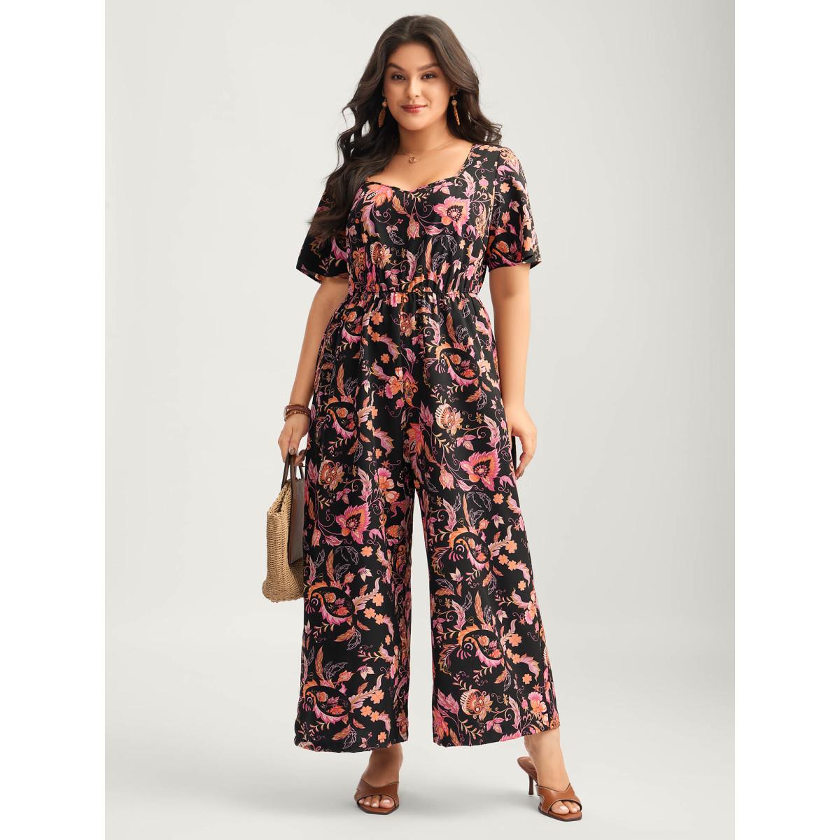 Plus Size Black Floral Print Square Neck Pockets Jumpsuit Women Boho Short sleeve Heart neckline Vacation Loose Jumpsuits BloomChic 18-20/2X Product Image