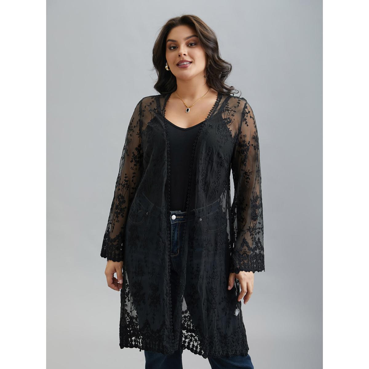 Plus Size Lace Embroidered Sheer Open-Front Kimono Women Black Elegant Woven ribbon&lace trim Loose Everyday Kimonos BloomChic 22-24/3X Product Image