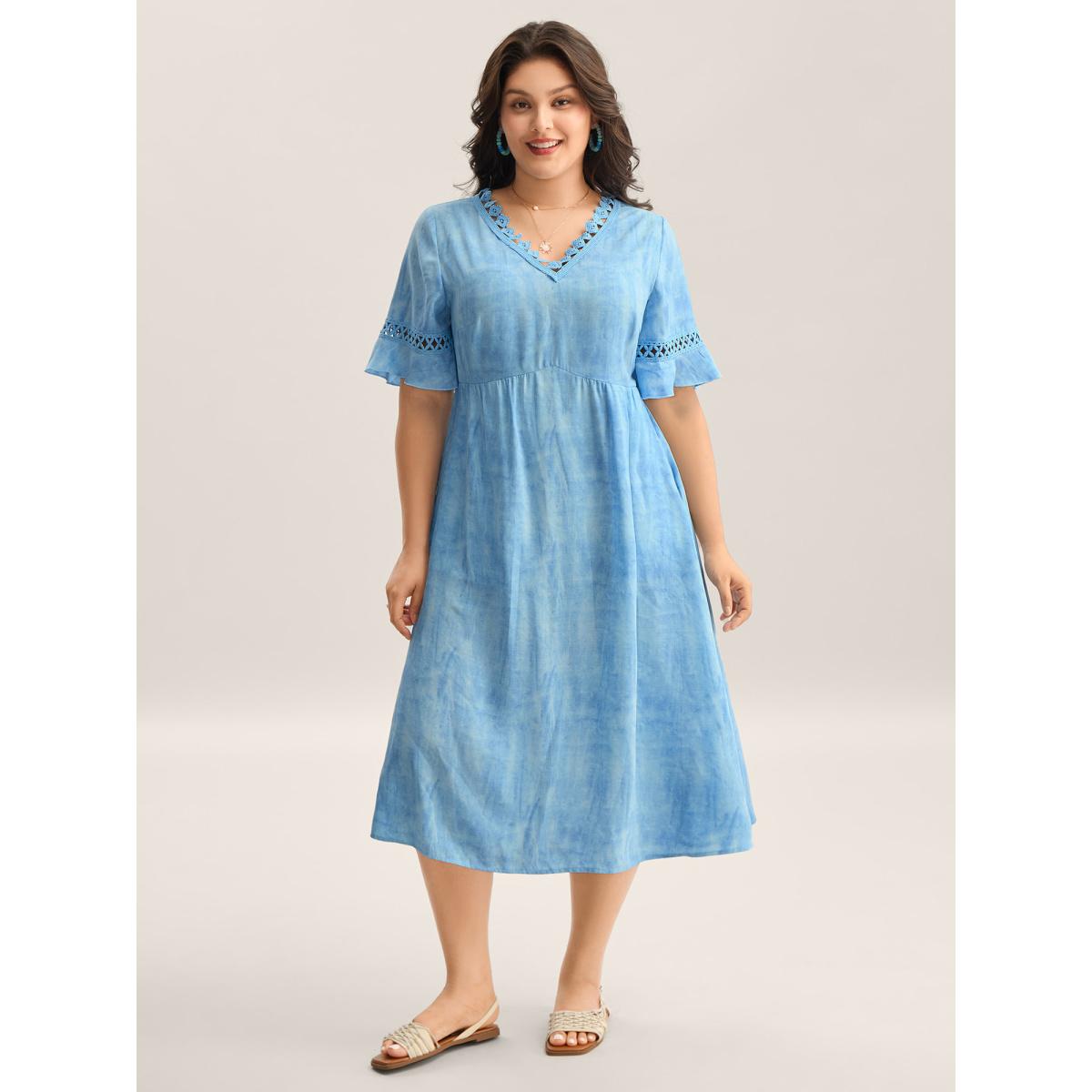 Plus Size Color Blend Lace Trim Pockets Midi Dress Stone Women V-neck Short sleeve Curvy BloomChic 10/M Product Image