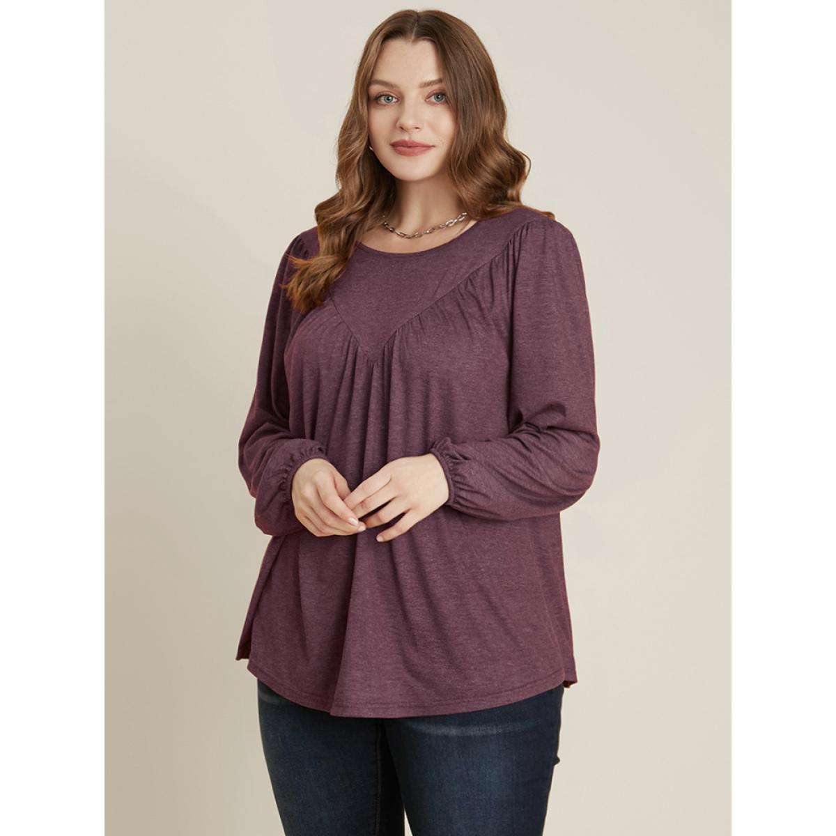 Plus Size DustyPink Solid Round Neck Gathered Lantern Sleeve Blouse Women Elegant Long Sleeve Round Neck Dailywear Blouses BloomChic 10/M Product Image