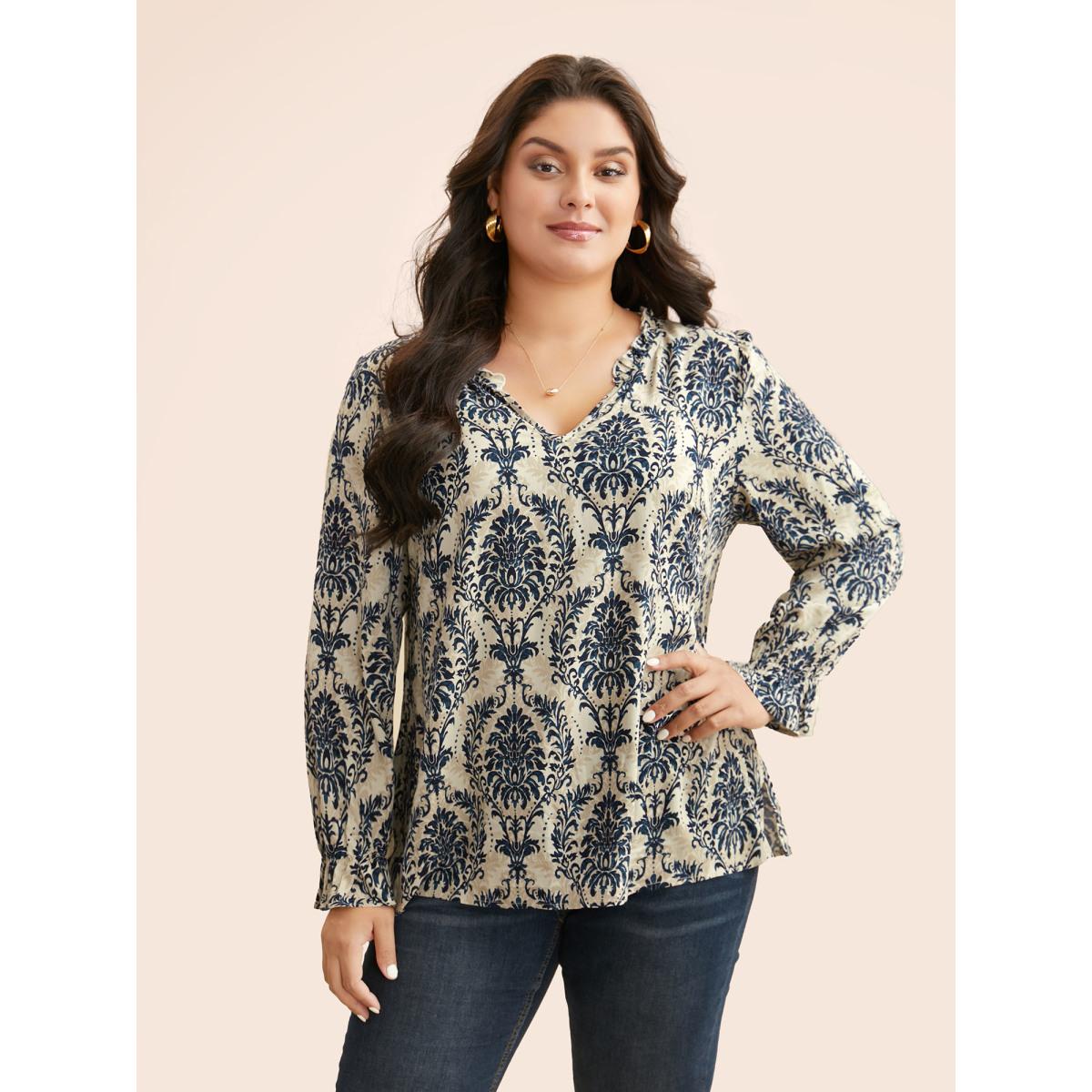 Plus Size Multicolor Boho Print Frill Trim Slit Hem Blouse Women Elegant Long Sleeve Notched collar Everyday Blouses BloomChic 10/M Product Image