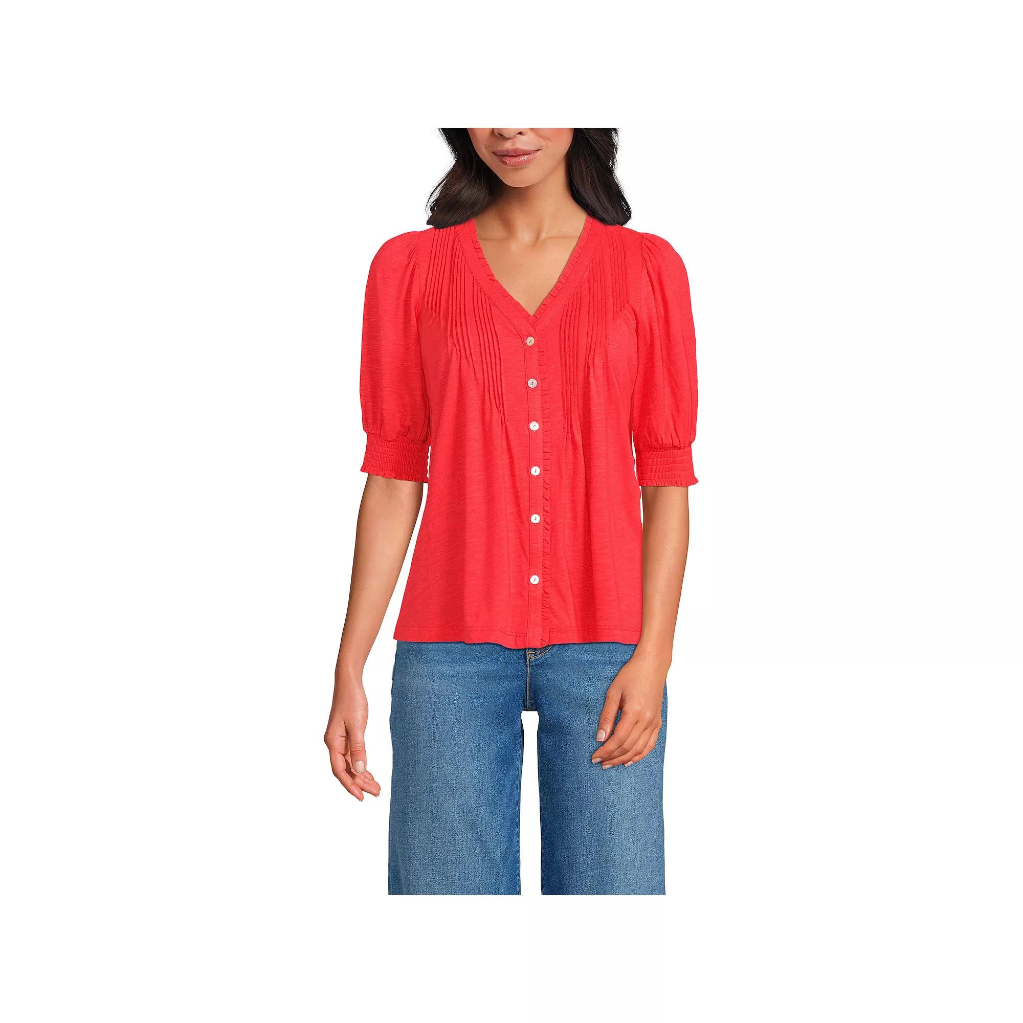 Women's Lands' End Button Pintuck Puff Sleeve Top, Size: Large, Bright Poppy Product Image