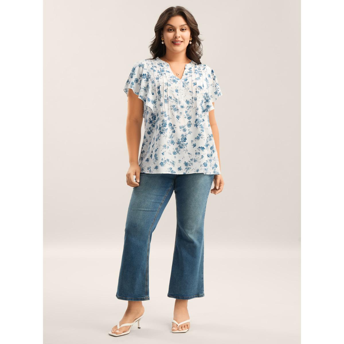 Plus Size Originalwhite Floral Toothpick Pleat Sheer Blouse Women Romantic Short sleeve Notched collar Elegant Blouses BloomChic 14-16/1X Product Image