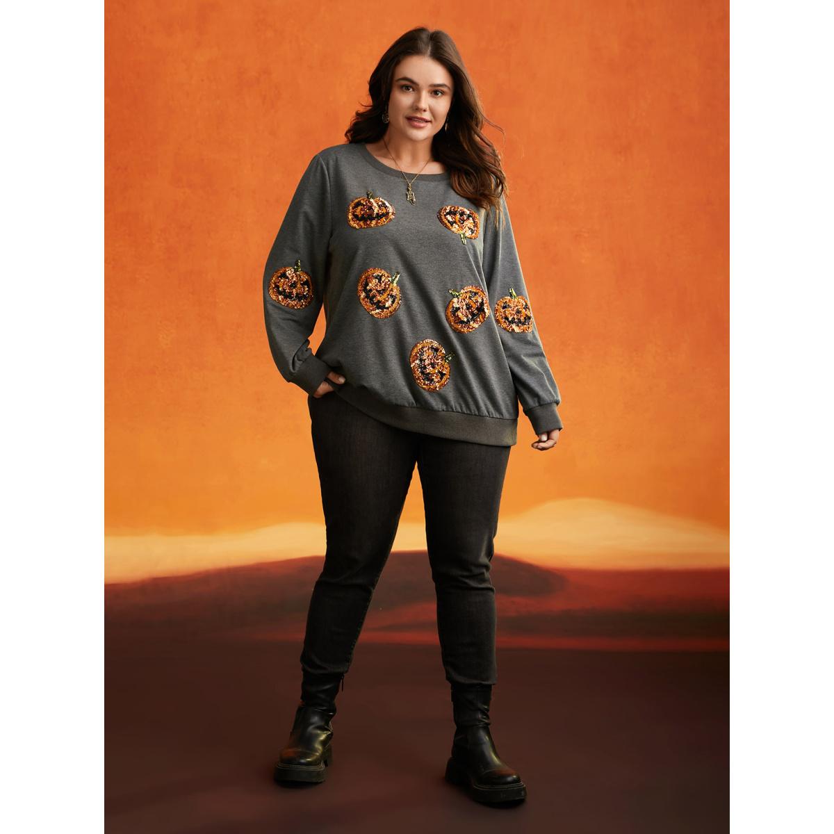 Plus Size Jack-O-Lantern Sequin Sweatshirt Women DimGray Casual Contrast Loose Round Neck Everyday Sweatshirts BloomChic 14-16/1X Product Image