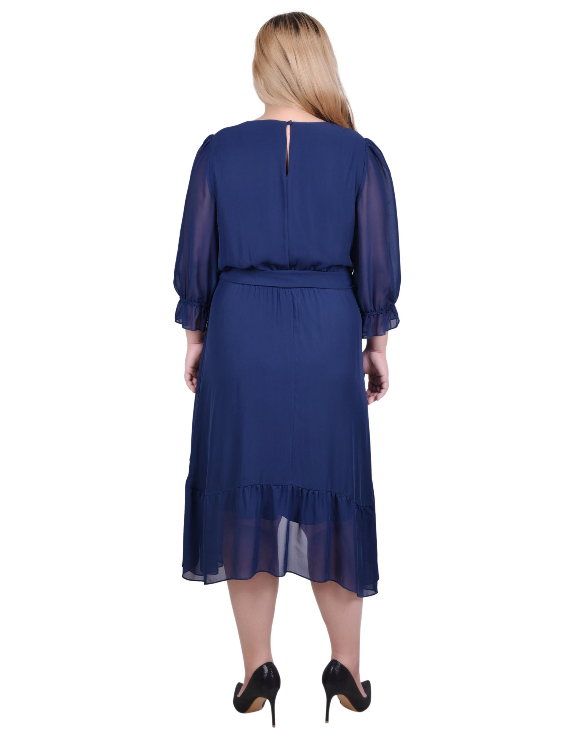 Navy 3/4 Sleeve V-Neck Flounced Dress - Plus Product Image