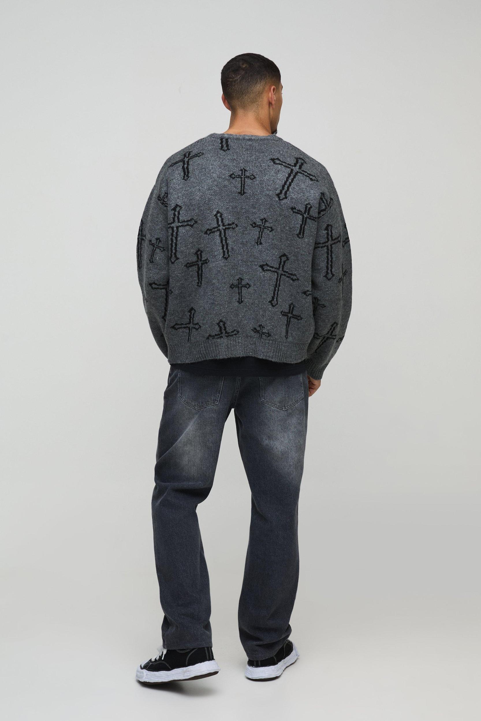 Oversized Boxy Cross Graphic Brushed Knitted Cardigan | boohooMAN USA Product Image