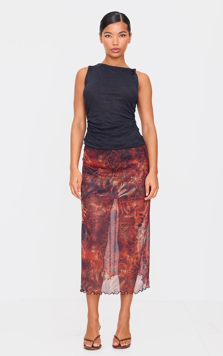Burgundy Multi Abstract Print Mesh Maxi Skirt Product Image