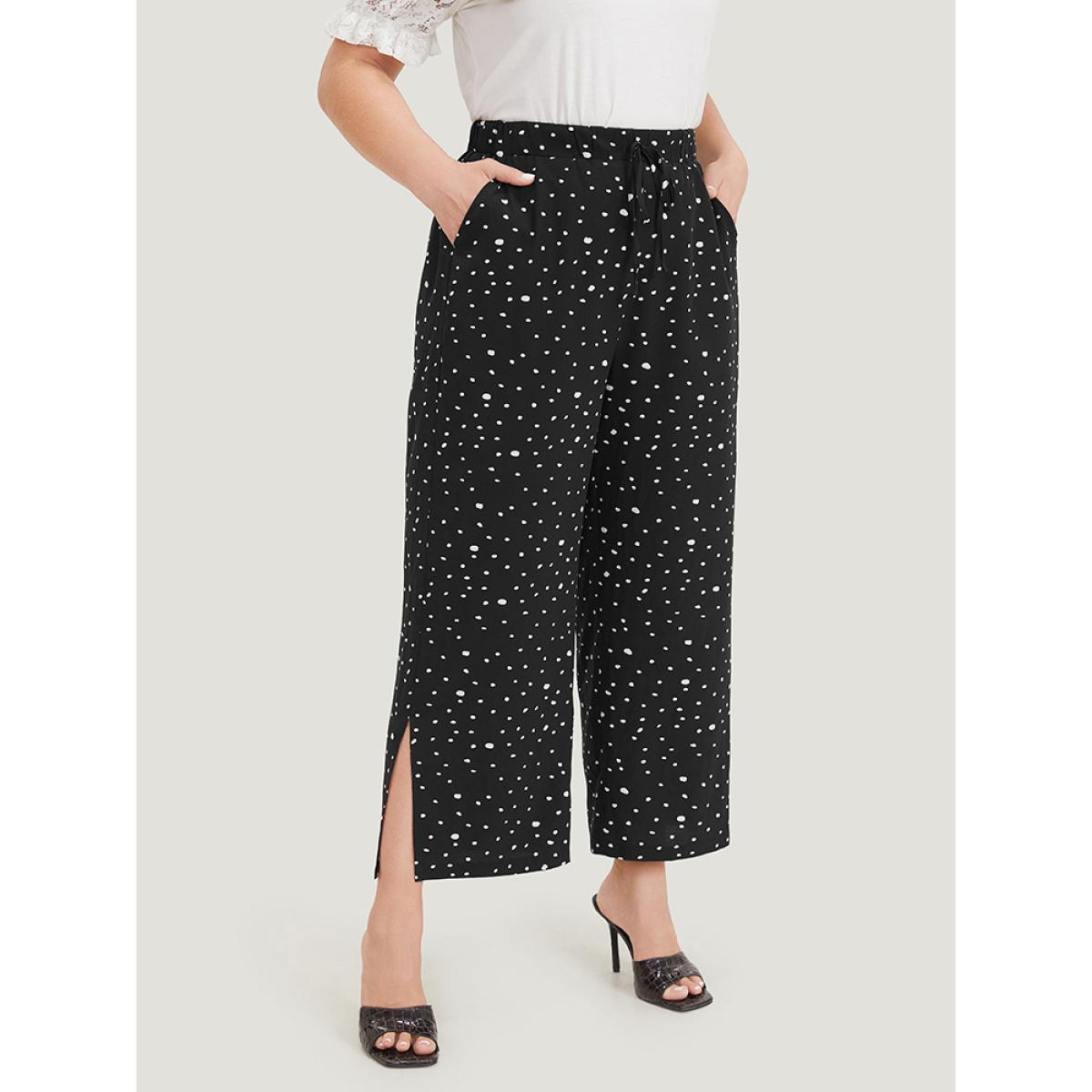 Plus Size Polka Dot Drawstring Pocket Split Hem Pants Women Black Elegant High Rise Dailywear Pants BloomChic 30/6X Product Image