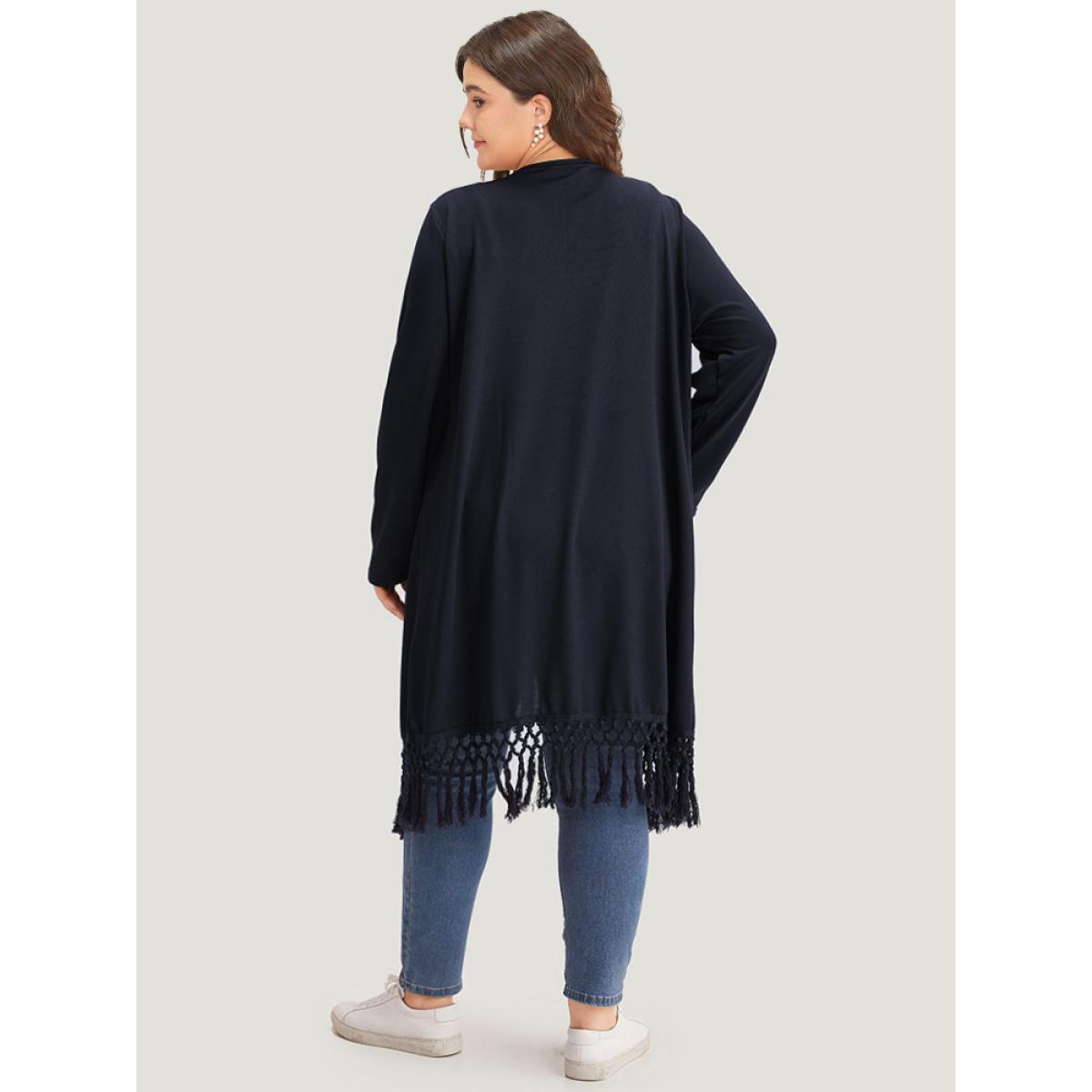 Plus Size Plain Patchwork Open Front Tassel Trim Kimono Women DarkBlue Casual Tassels Dailywear Kimonos BloomChic 18-20/2X Product Image