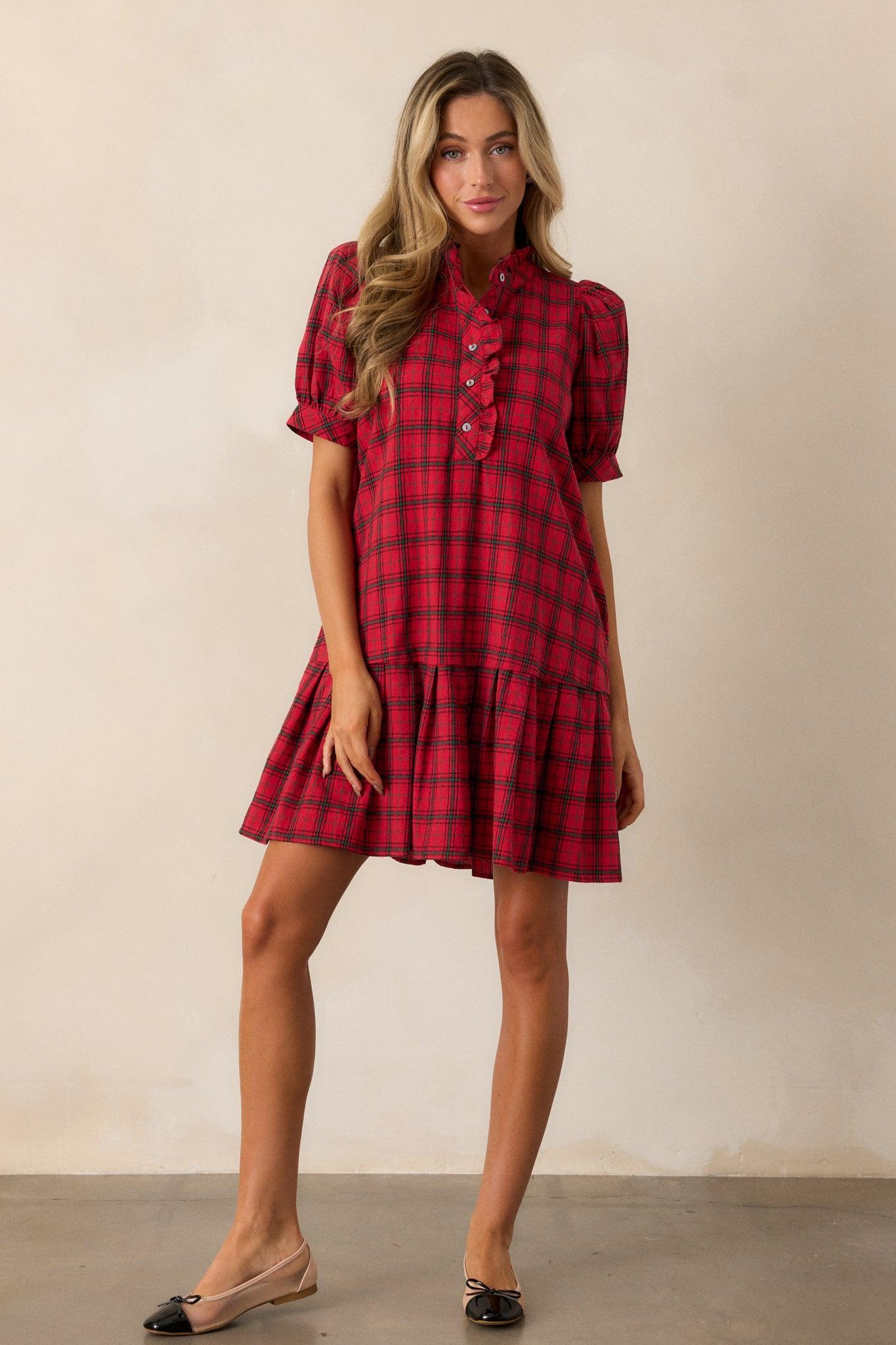 Warmth from Within Cotton Red Plaid Mini Dress Product Image