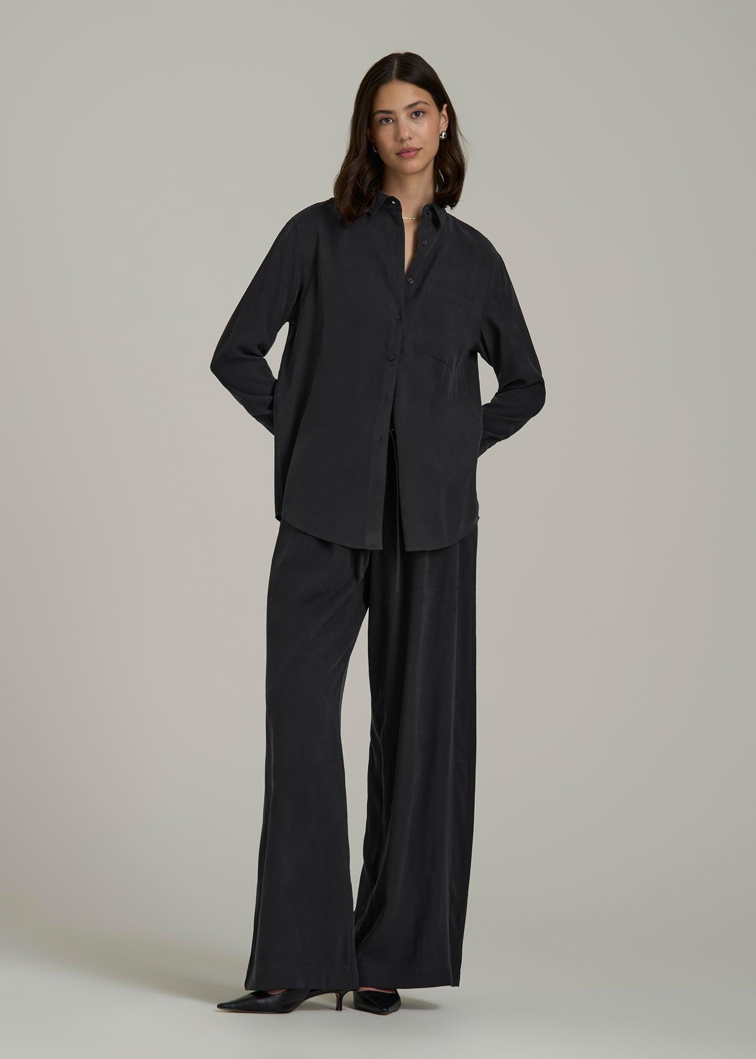 Relaxed Button-Up Single-Pocket Blouse for Tall Women in Vintage Black Female Product Image
