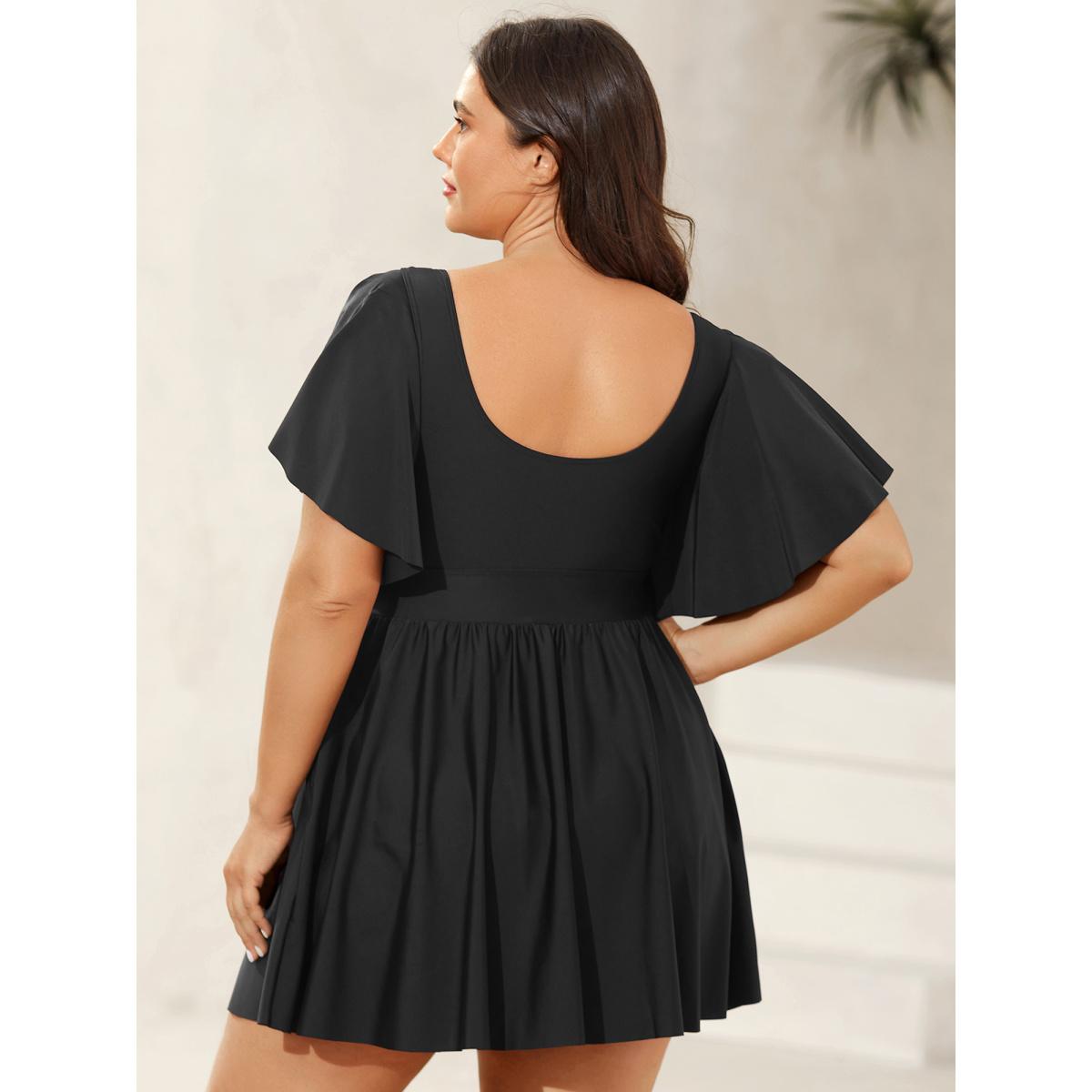 Plus Size Ruffled Sleeve Fit and Flare Swim Dress Women's Swimwear Black Resort Bodycon V-neck High stretch Curve Swim Dresses BloomChic 12/L Product Image