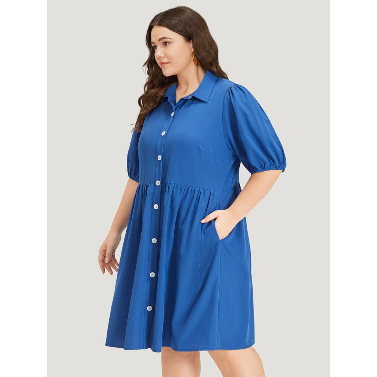 Plus Size Plain Shirt Collar Button Through Gathered Lantern Sleeve Dress Blue Women Elegant Elastic cuffs Shirt collar Half Sleeve Curvy Knee Dress BloomChic 18-20/2X Product Image