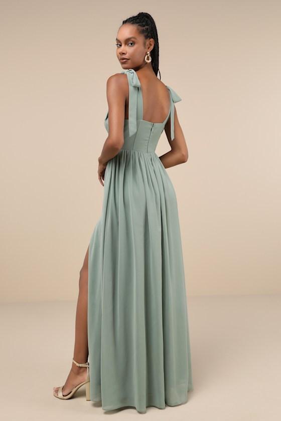 Radiant Charisma Sage Brush Chiffon Ruched Tie-Strap Maxi Dress Product Image