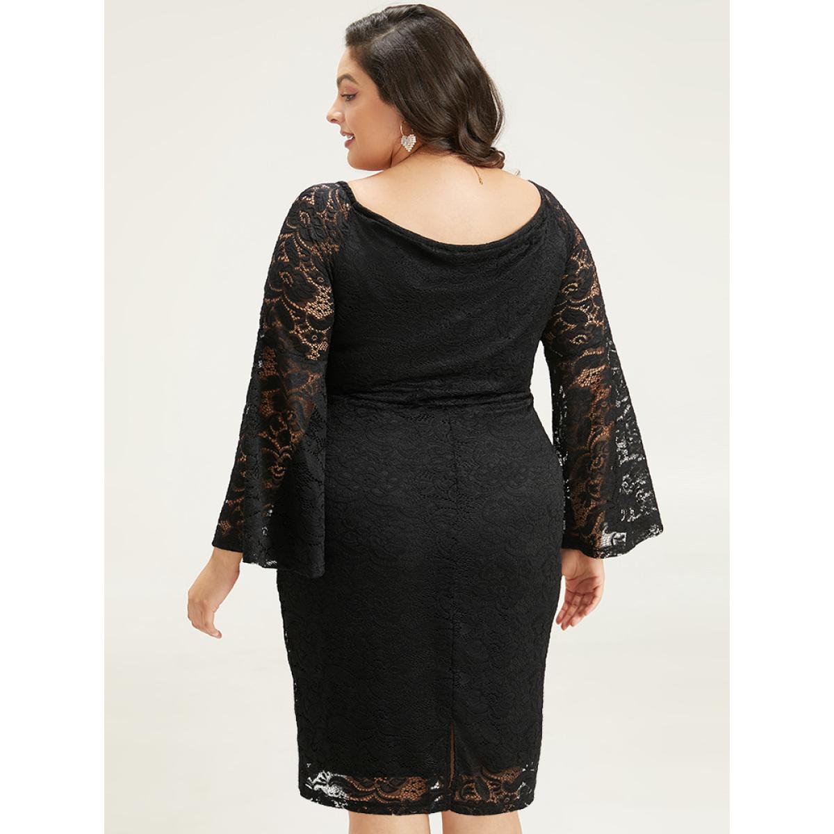 Plus Size Plain Crochet Lace Mesh Bell Sleeve Dress Black Women Glamour Plain Scoop Neck Long Sleeve Curvy Knee Dress BloomChic 18-20/2X Product Image