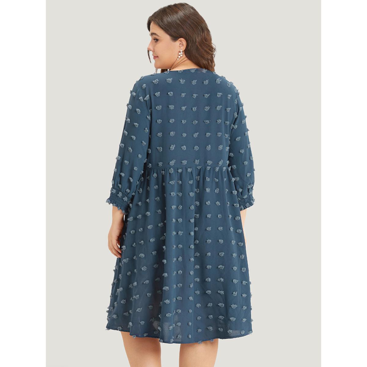Plus Size Polka Dot Tassels Ties Shirred Cuffs Pocket Dress DarkBlue Women Office Elastic cuffs V-neck Elbow-length sleeve Curvy Midi Dress BloomChic 22-24/3X Product Image