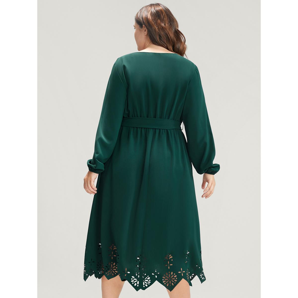 Plus Size Solid Pocket Crisscross V Neck Laser Cut Belted Dress DarkGreen Women Elegant Belted V-neck Long Sleeve Curvy Midi Dress BloomChic 12/L Product Image