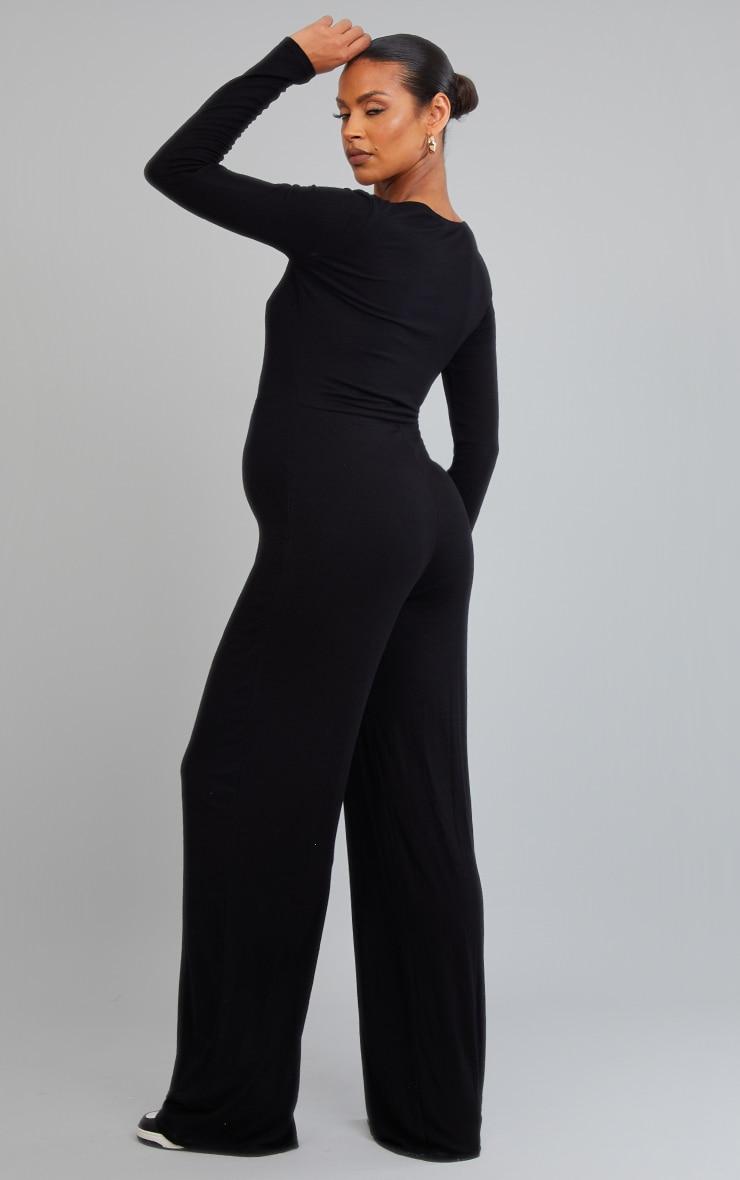 Maternity Black Long Sleeved Soft Rib Jumpsuit Product Image