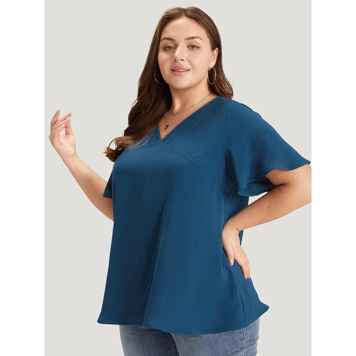 Plus Size Aegean Solid Pleated V Neck Blouse Women Office Short sleeve V-neck Dailywear Blouses BloomChic 26/4X Product Image