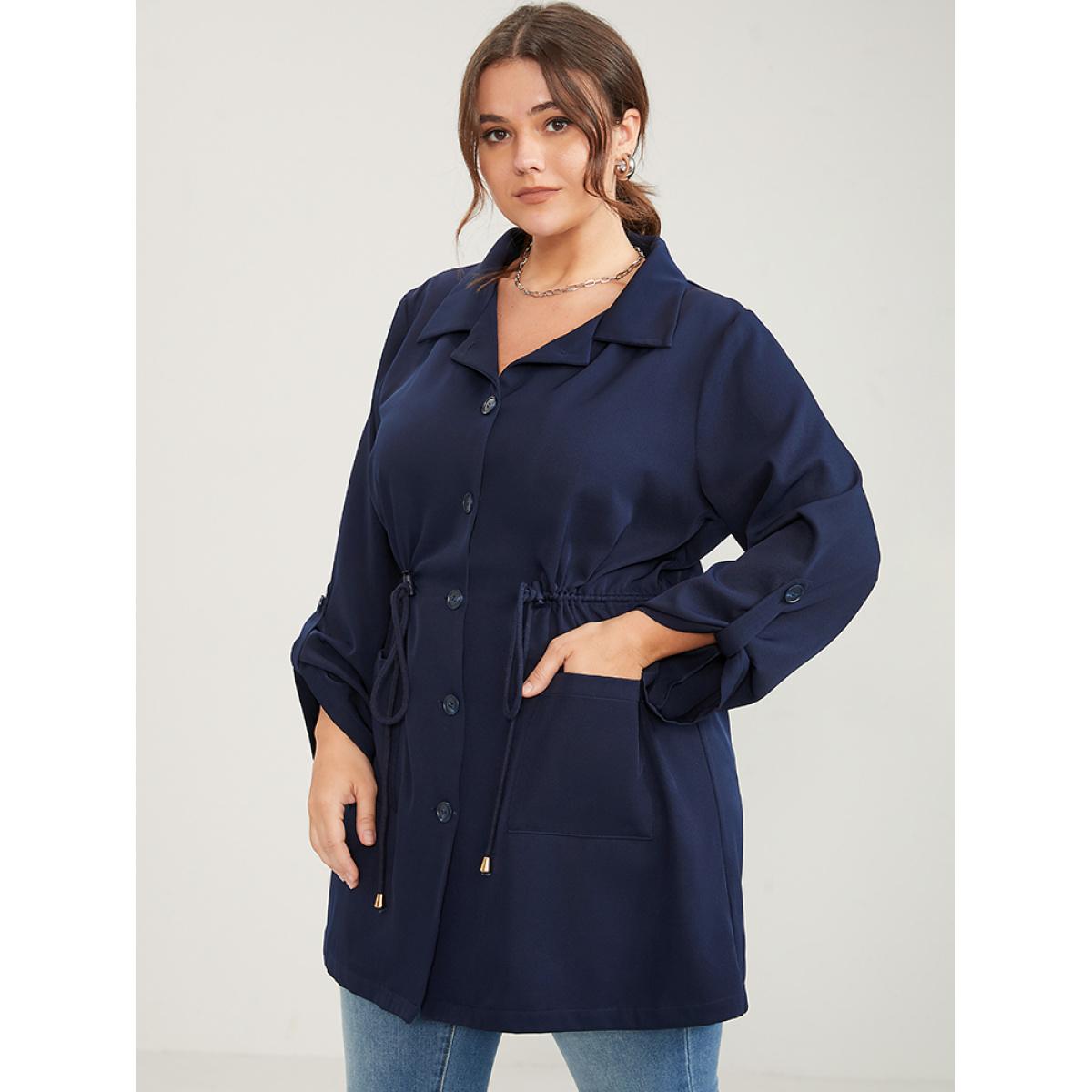 Plus Size Solid Pocket Button Up Cuffed Sleeve Drawstring Coat Women Navy Elegant Pocket Ladies Dailywear Winter Coats BloomChic 30/6X Product Image